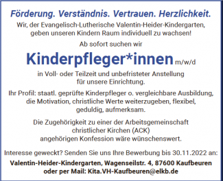 Kinderpfleger m-w-d gesucht für Valentin-Heider-Kindergarten