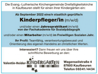 Kinderpflegerin für Valentin-Heider-Kindergarten gesucht